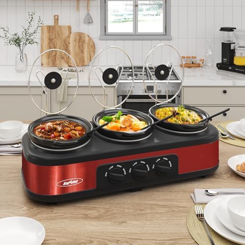 Triple pot buffet server in red