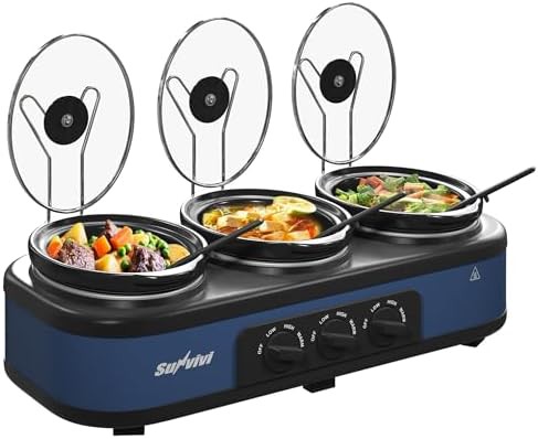 Large 8 quart triple blue ceramic slow cooker