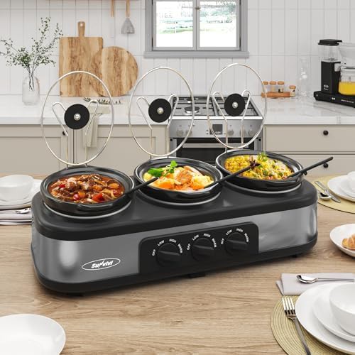 Triple pot buffet server in grey metal